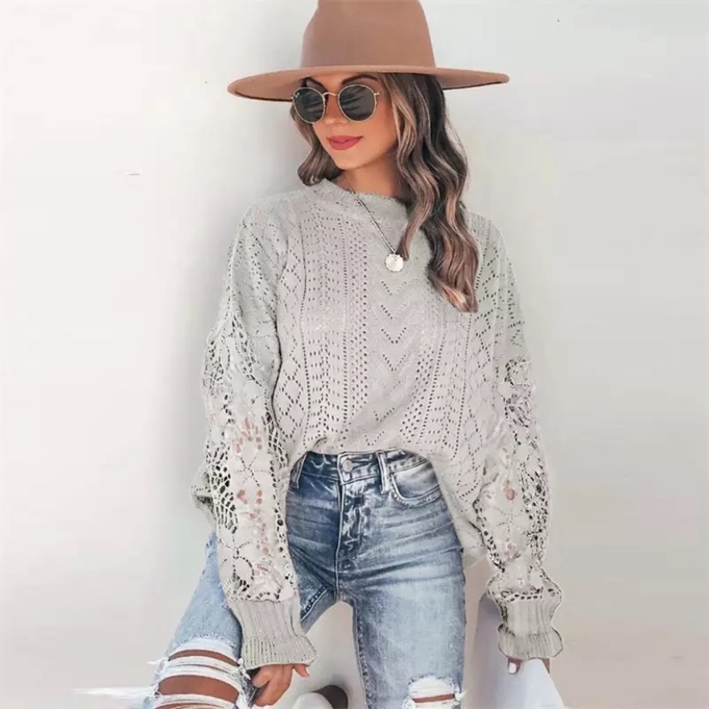 Last 1 M! New Bohemian Chic Knit Slouchy Sweater with Crochet Sleeves - Picture 3 of 10